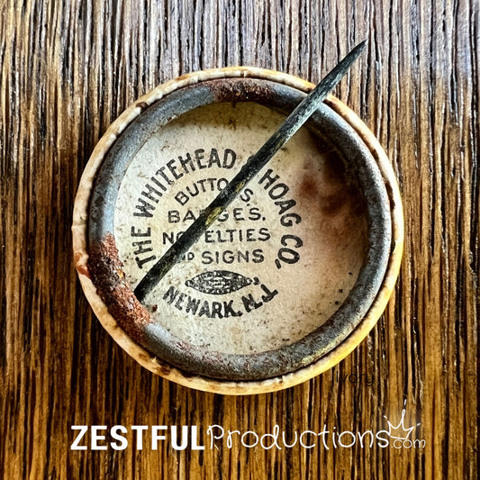 Back of 1925 North Dakota Campaign Week button showing Whitehead & Hoag Co. Newark NJ manufacturer mark and original pin.