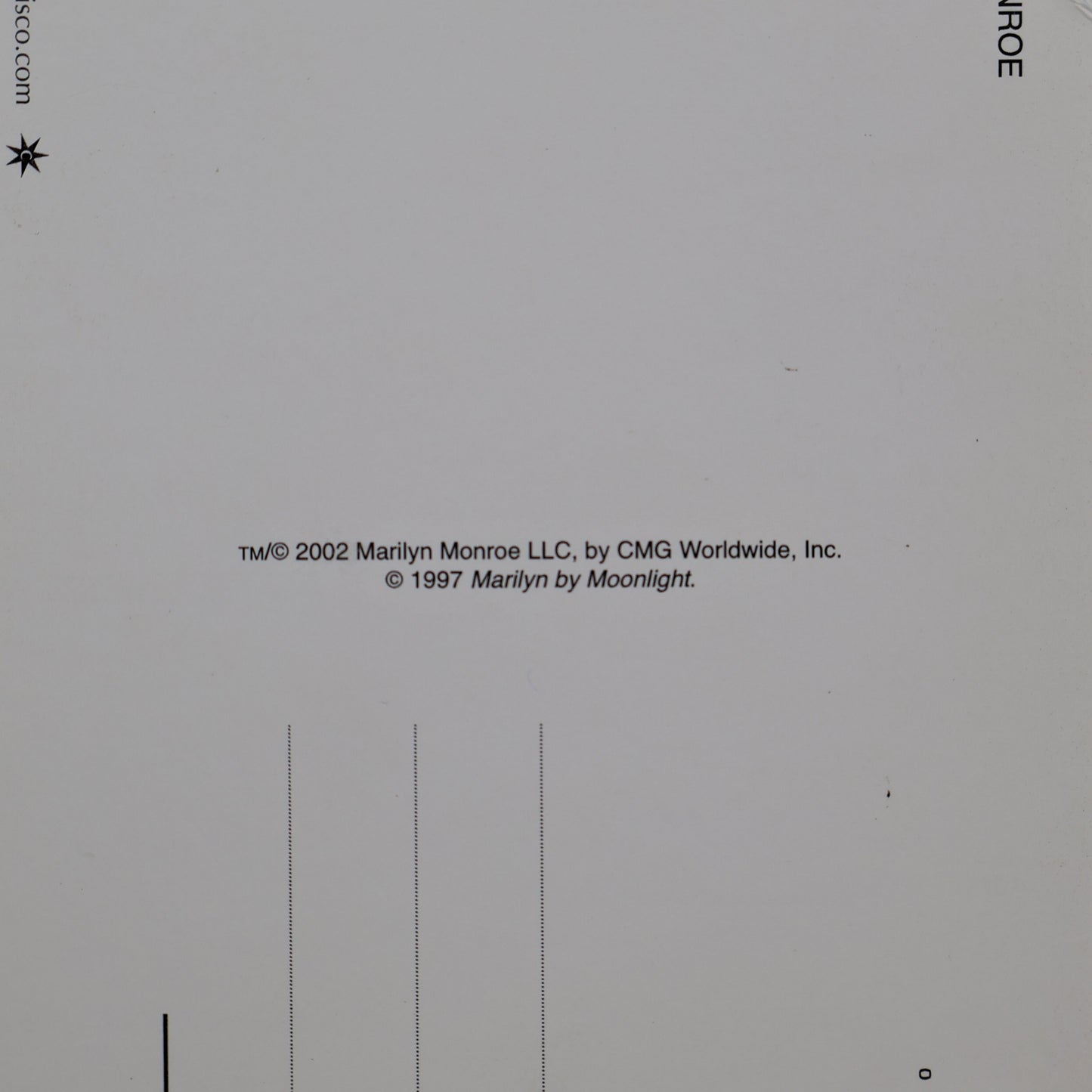 Close-up of 2002 Marilyn Monroe LLC copyright and licensing on Classico San Francisco postcard
