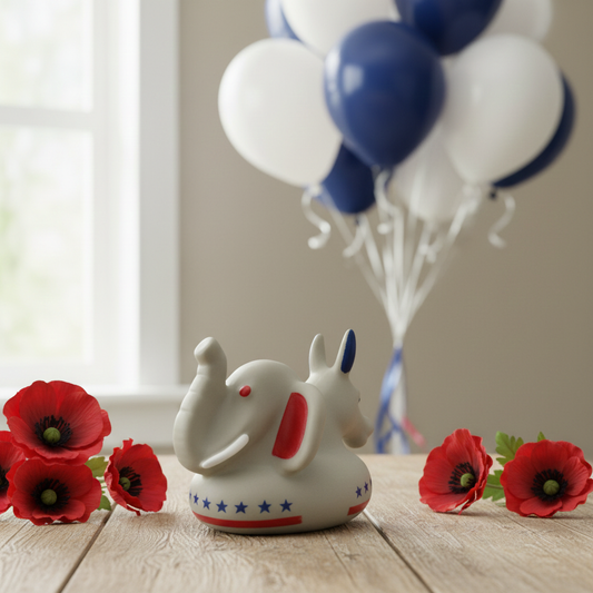 Rare vintage political squeak toy featuring bipartisan donkey and elephant design ASI 37170 displayed with patriotic balloons and red flowers. Unique Democrat Republican novelty collectible made of rubber, perfect for Americana decor, political memorabilia collectors, retro novelty toy lovers and conversation piece display styling.