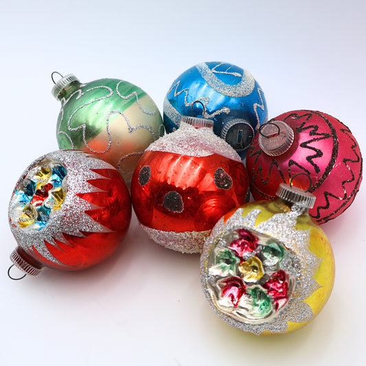 Vintage West Germany reflector ornament set with colorful mercury glass Christmas baubles in blue green red yellow and pink