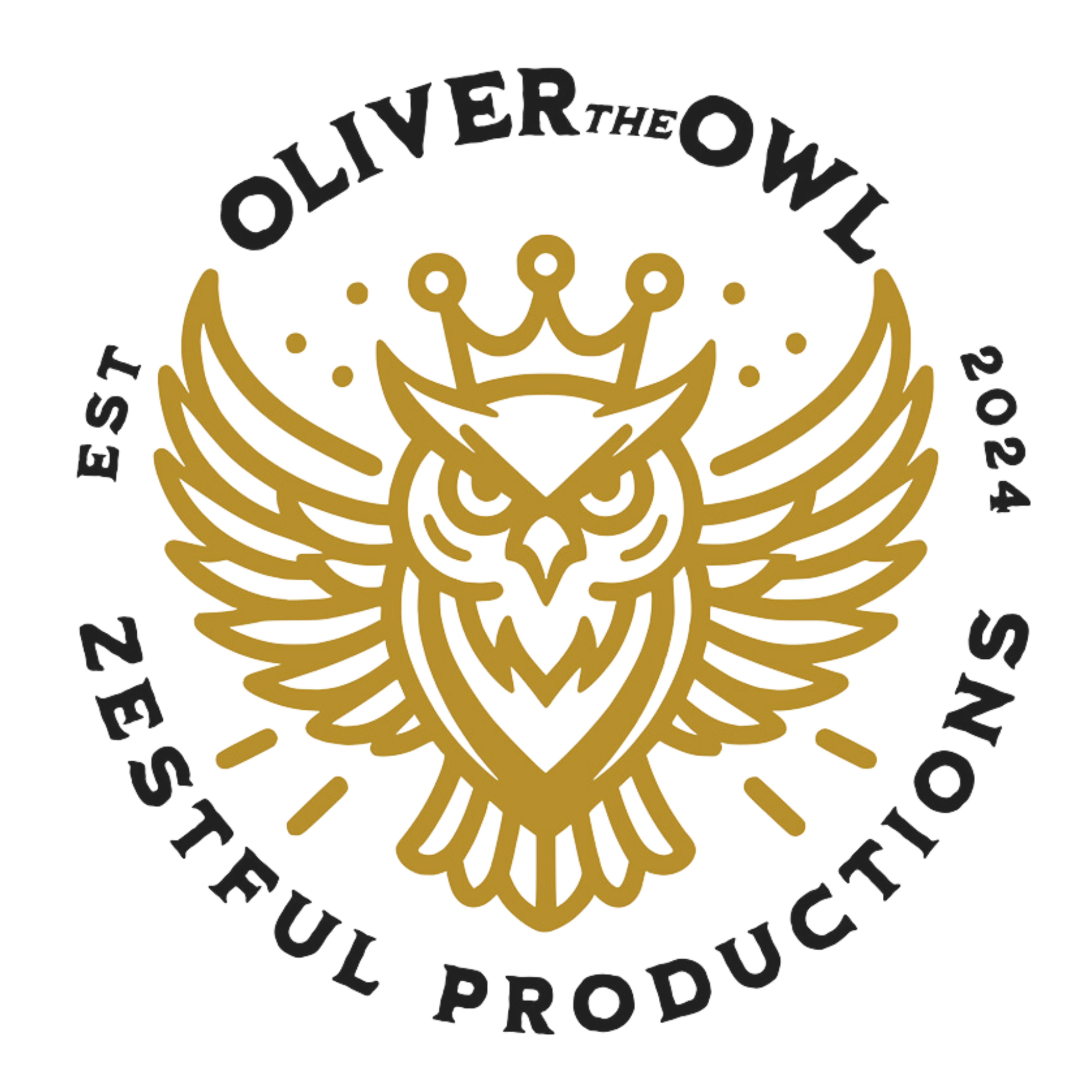 Oliver the Owl children’s book series logo with crowned owl illustration and Zestful Productions branding