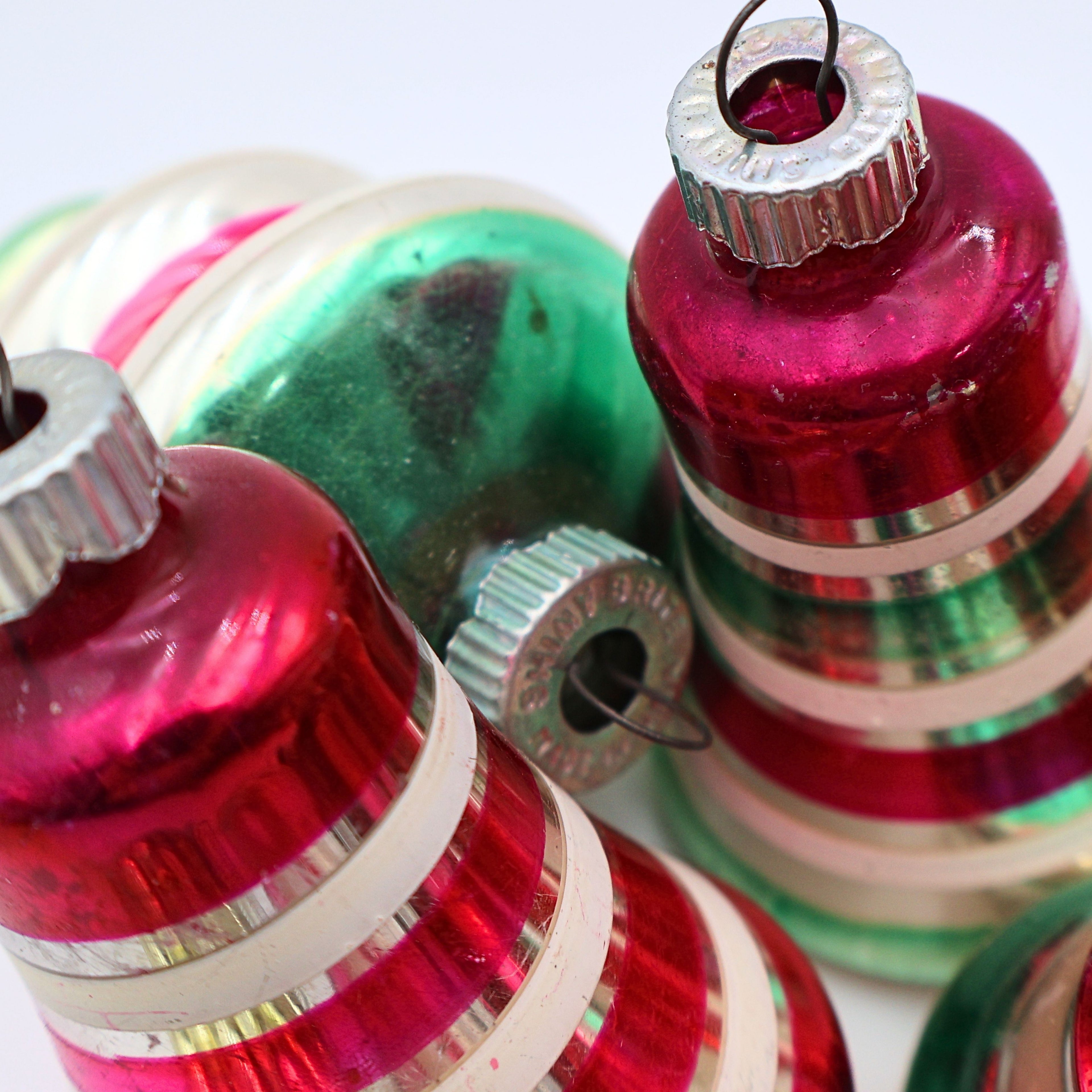 Vintage Shiny Brite Ornament Set - Pink Green Gold Striped Christmas Tree Decor