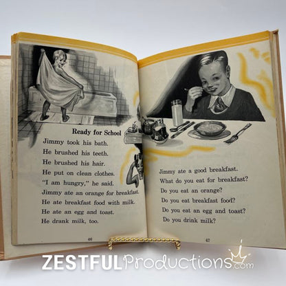 Interior spread from 1944 Through the Year elementary textbook featuring Ready for School lesson and 1940s illustrations