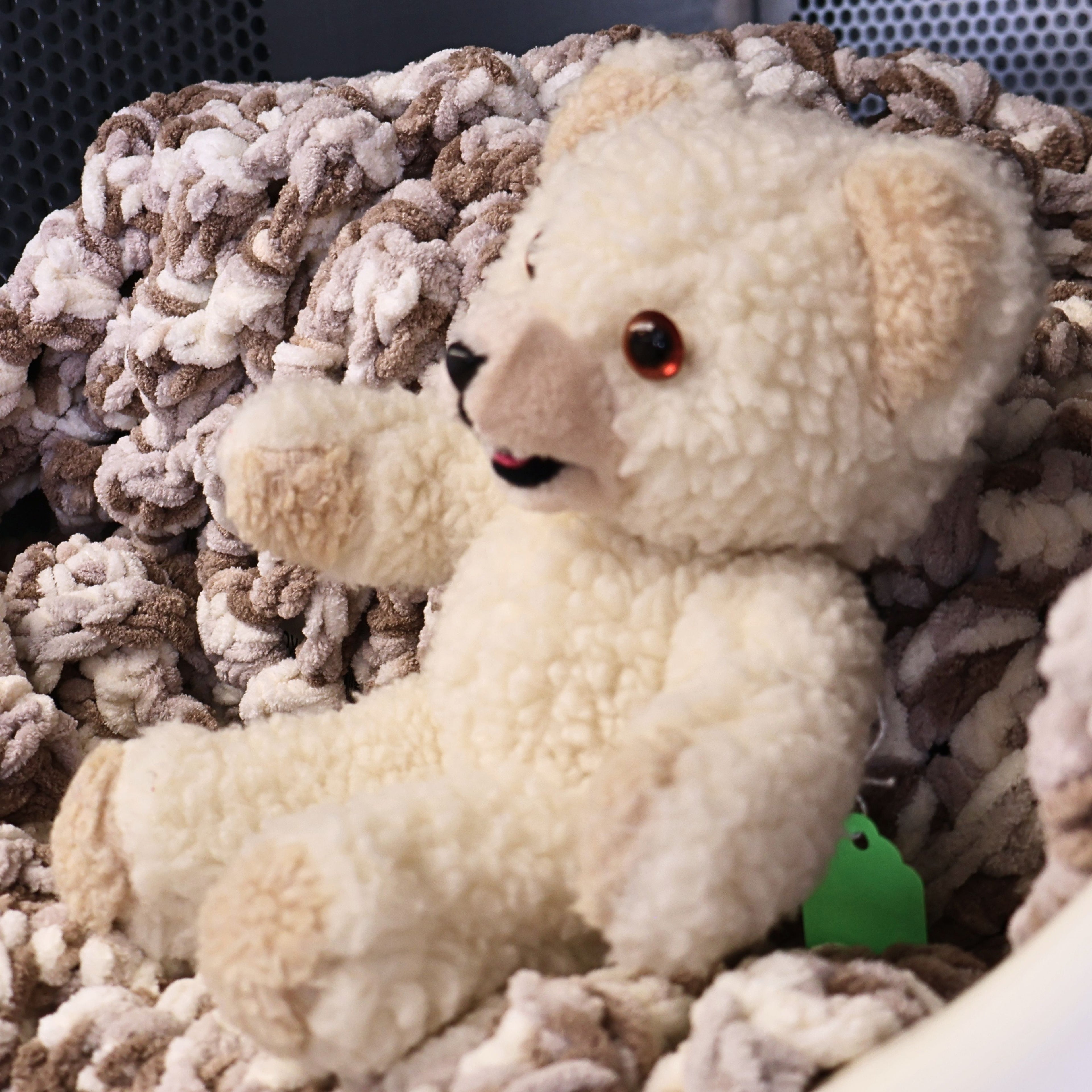 Profile photograph of the original Snuggle character plush highlighting fluffy cream fabric, rounded ears, bright brown eyes, and embroidered smile. This 1986 Lever Brothers collectible is ideal for retro decor, nostalgic displays, and advertising mascot enthusiasts.