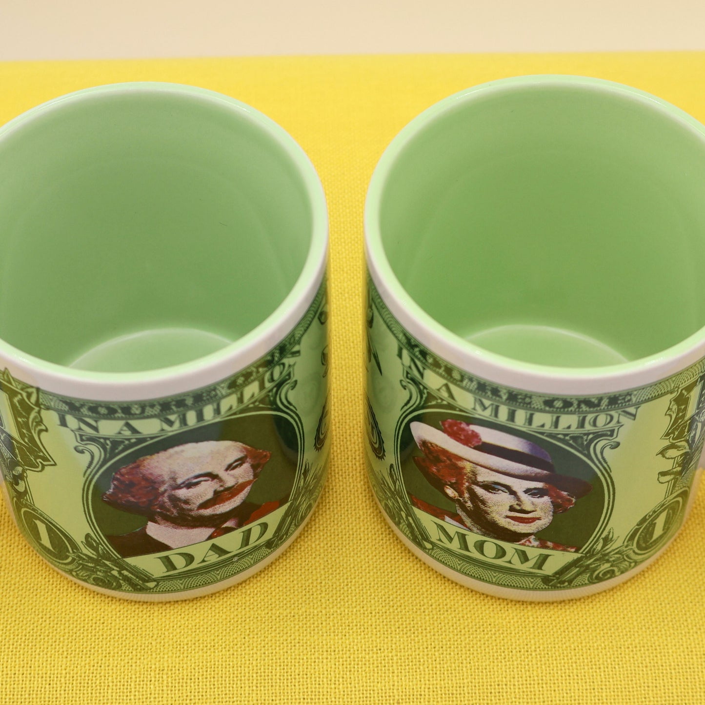 Interior of vintage 15oz Mom and Dad mugs with light green glaze