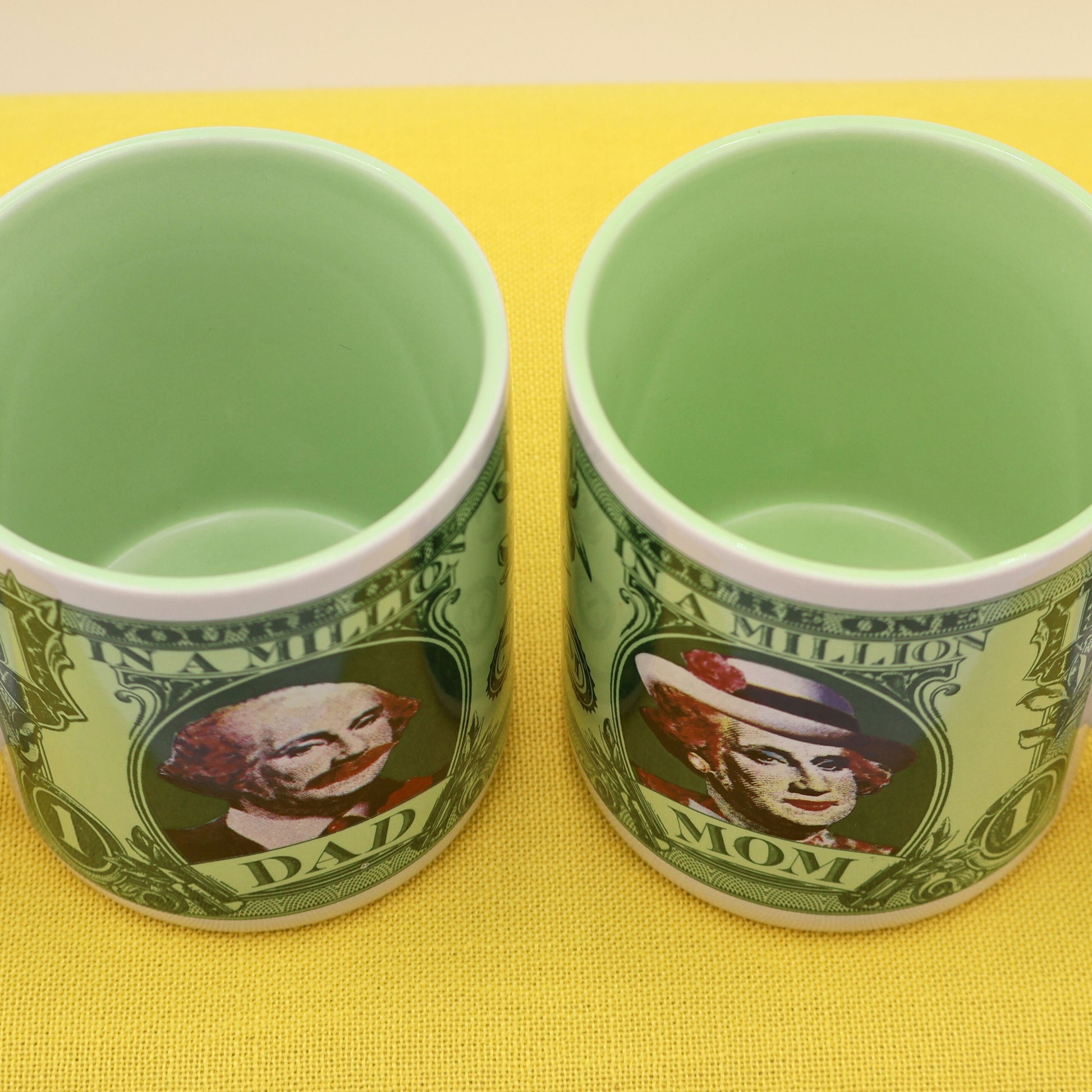 Interior of vintage 15oz Mom and Dad mugs with light green glaze