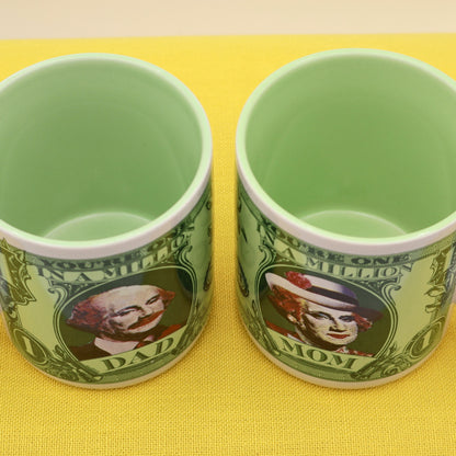 Interior of vintage 15oz Mom and Dad mugs with light green glaze