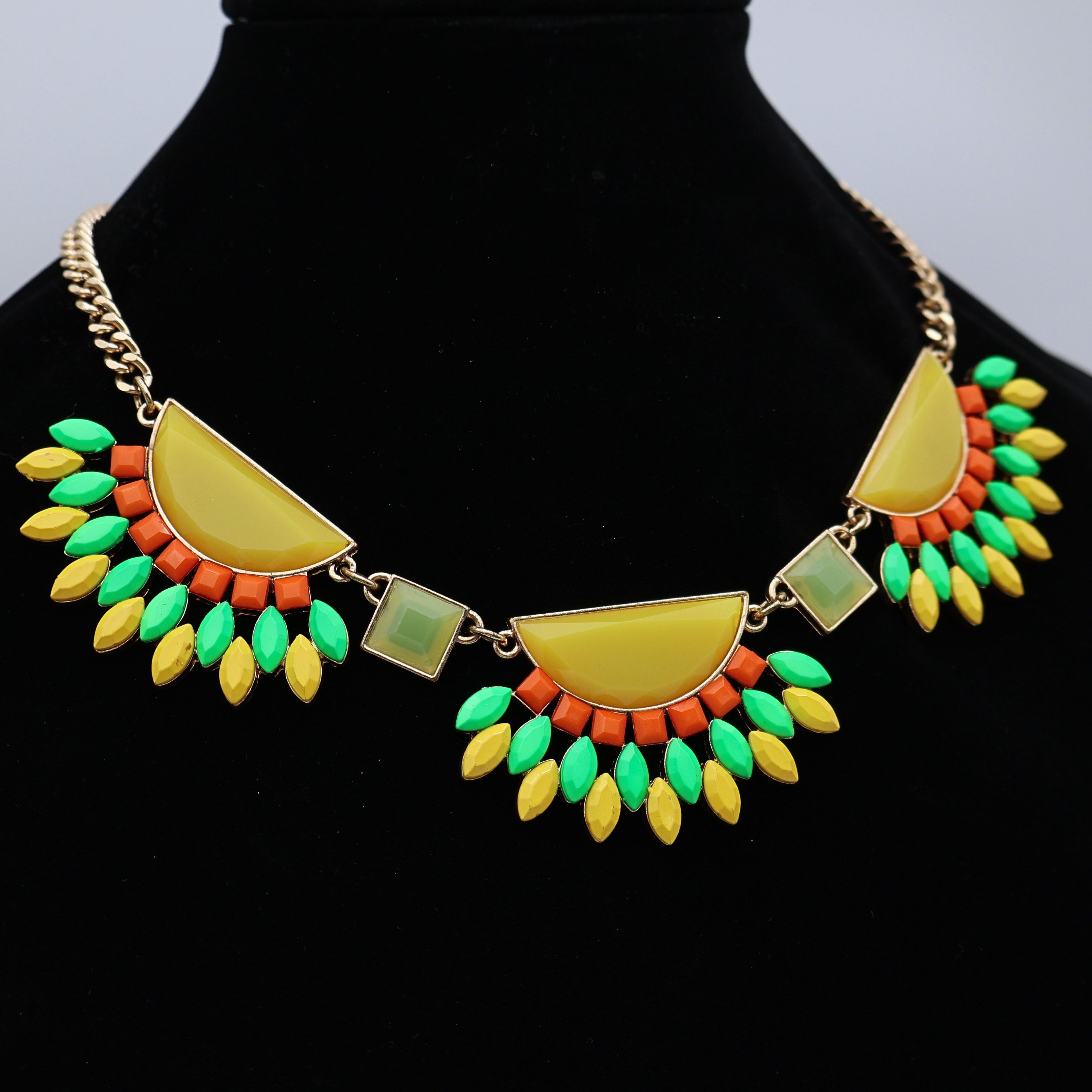 Vintage Mika Abstract Bib Statement Necklace | Colorful Resin Gold Tone Necklace | Modern Art Jewelry