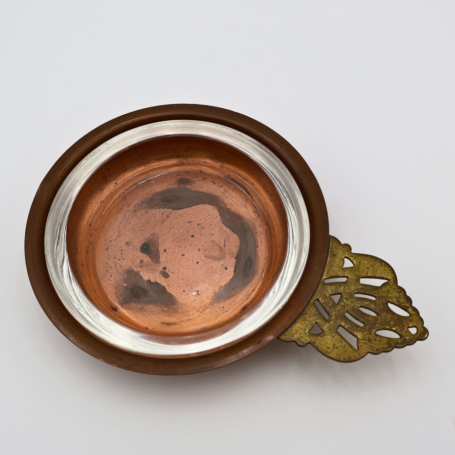 Vintage Copper Porringer Bowl with Glass Insert | Brass Handle | Colonial Revival Serving Dish | Mid-Century Decor