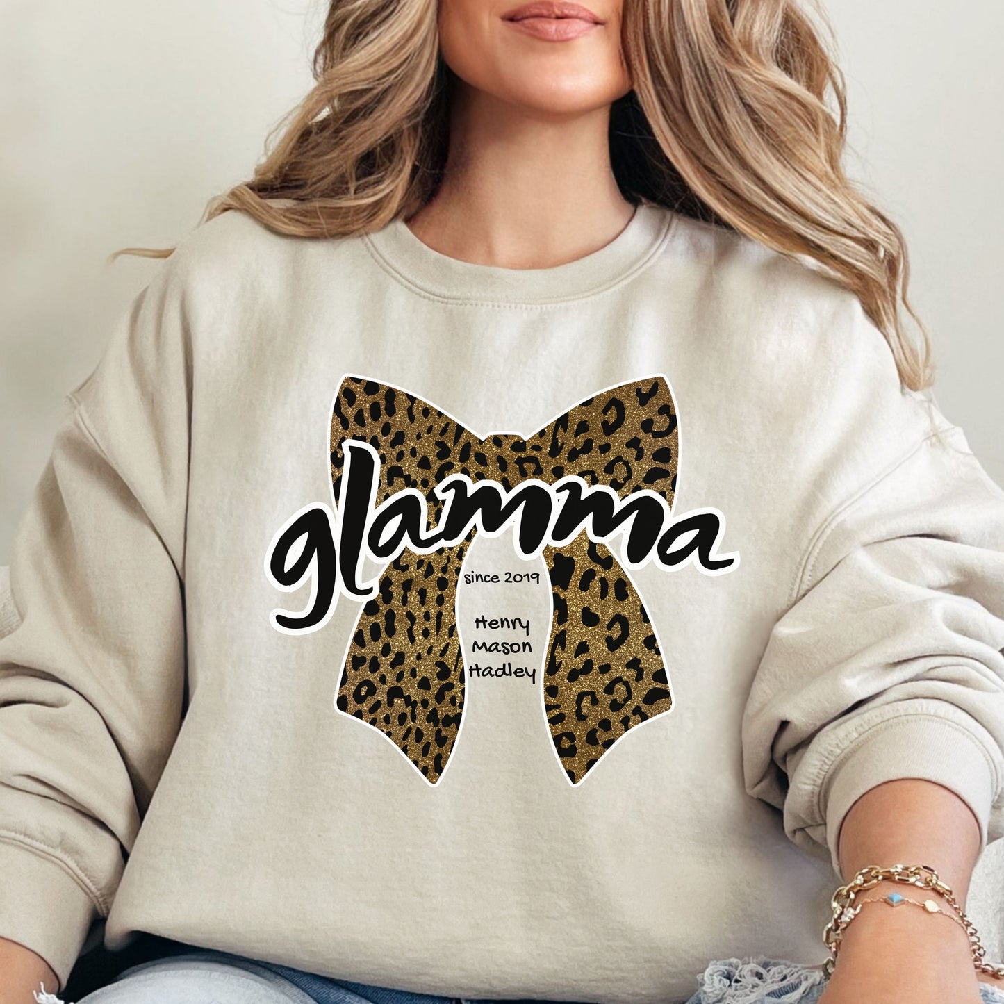 Personalized Glamma Leopard Bow Crewneck Sweatshirt