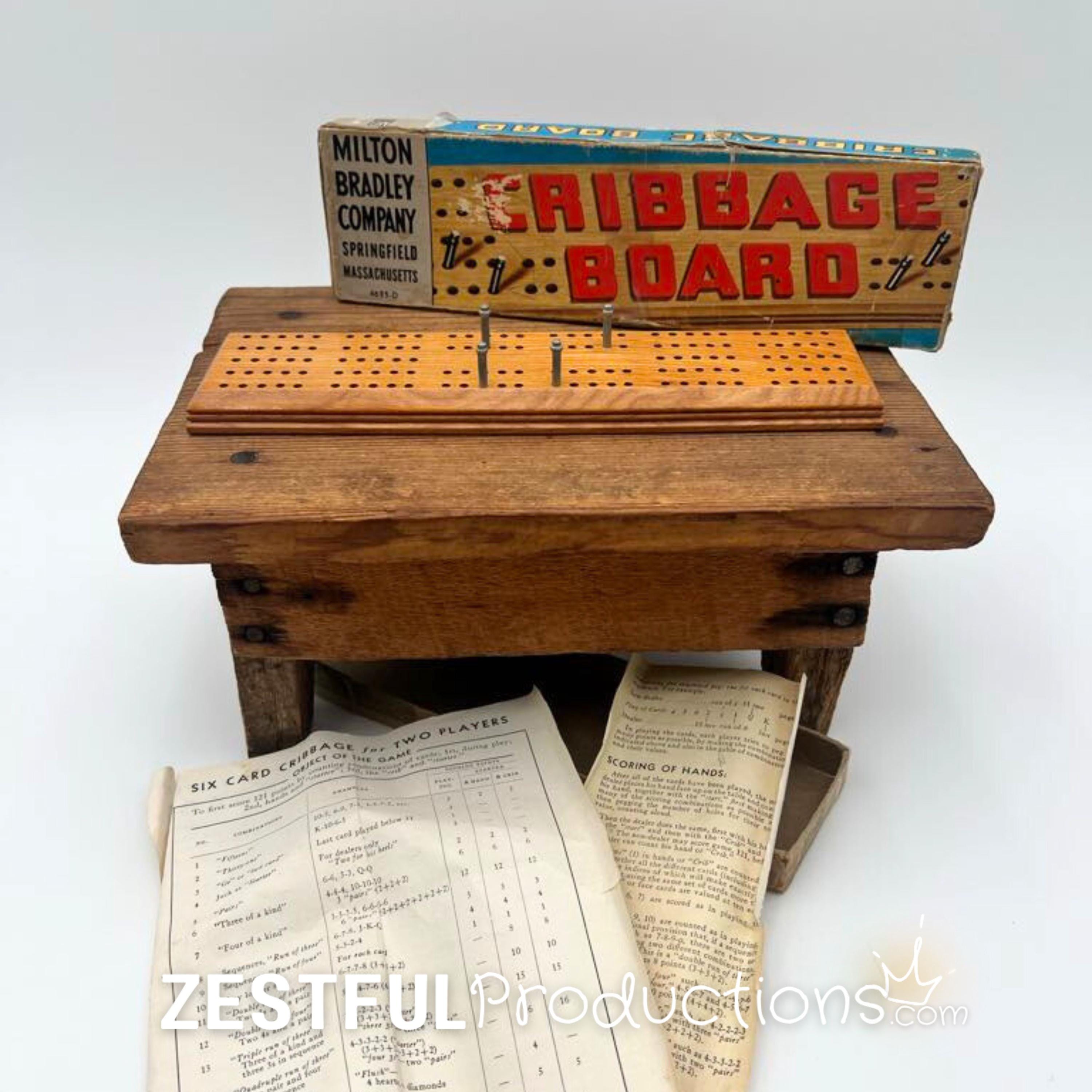 Vintage Milton Bradley Cribbage Board with Original Box & Instructions | 1950s Wooden Card Game Collectible