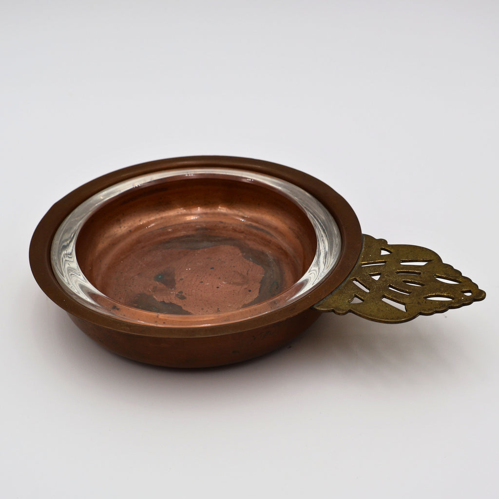 Vintage Copper Porringer Bowl with Glass Insert | Brass Handle | Colonial Revival Serving Dish | Mid-Century Decor