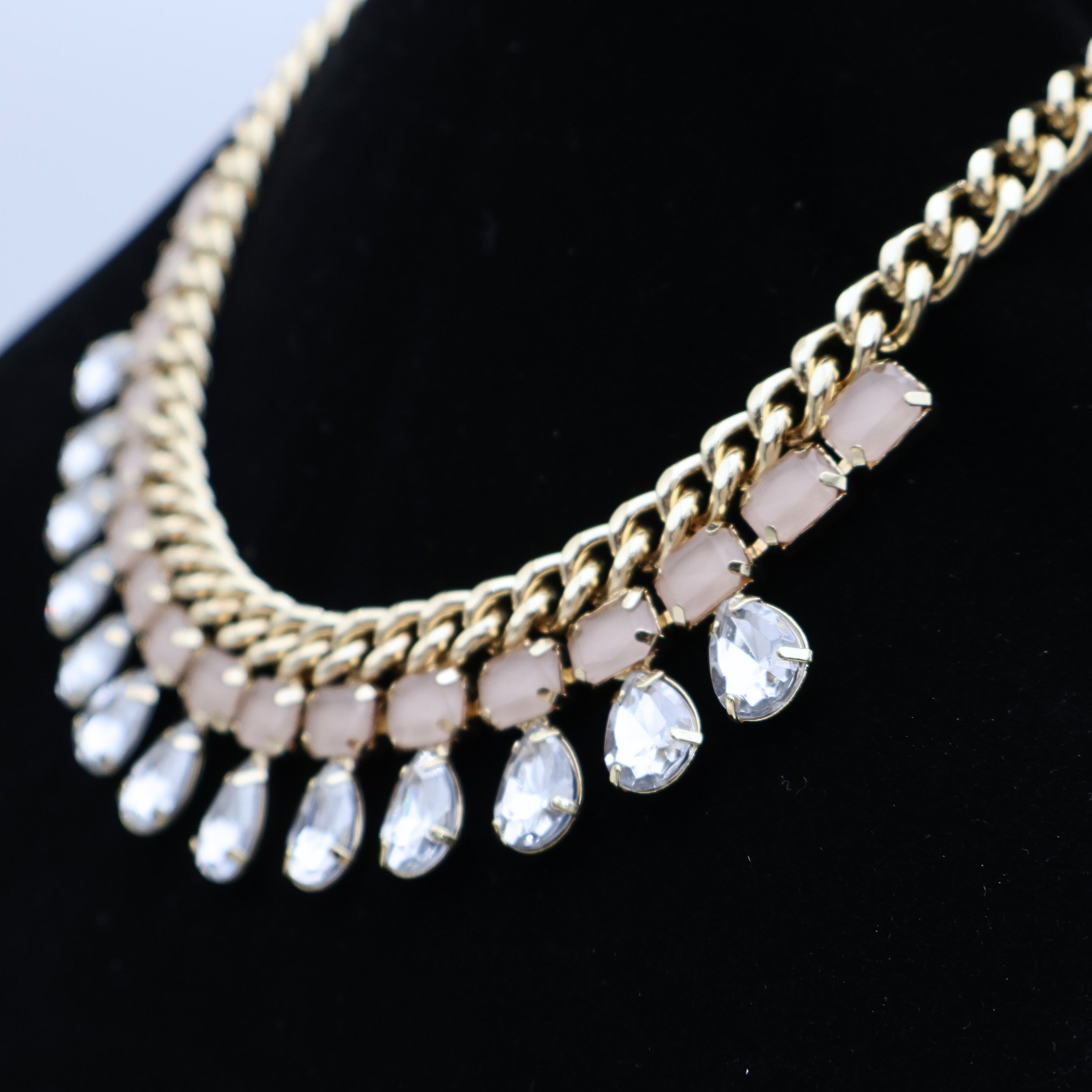 Vintage Gold Tone Rhinestone Drop Statement Necklace | Blush Crystal Bib Necklace | Wedding & Formal Jewelry
