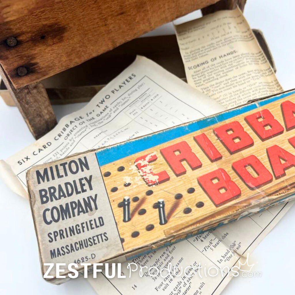 Vintage Milton Bradley Cribbage Board with Original Box & Instructions | 1950s Wooden Card Game Collectible