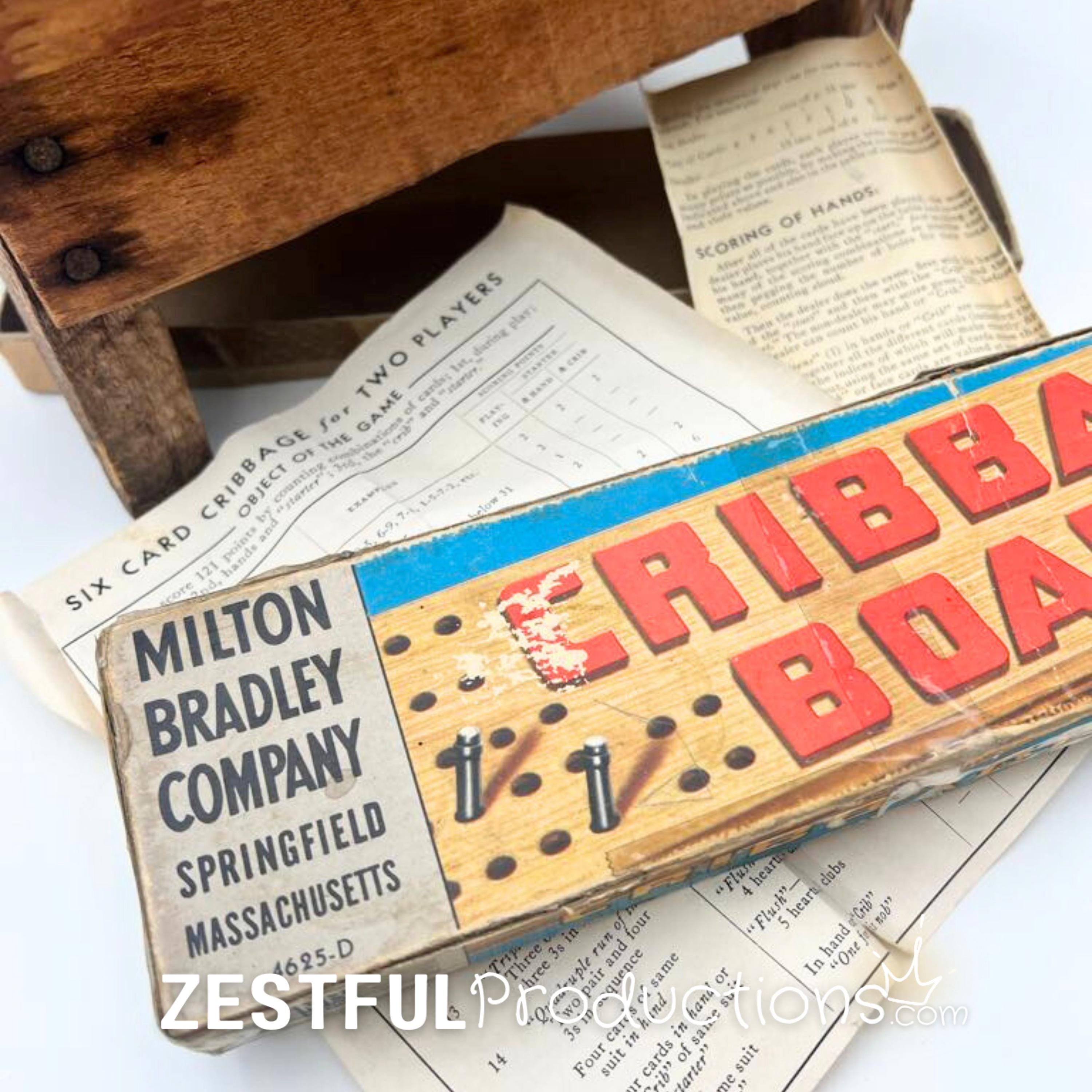 Vintage Milton Bradley Cribbage Board with Original Box & Instructions | 1950s Wooden Card Game Collectible
