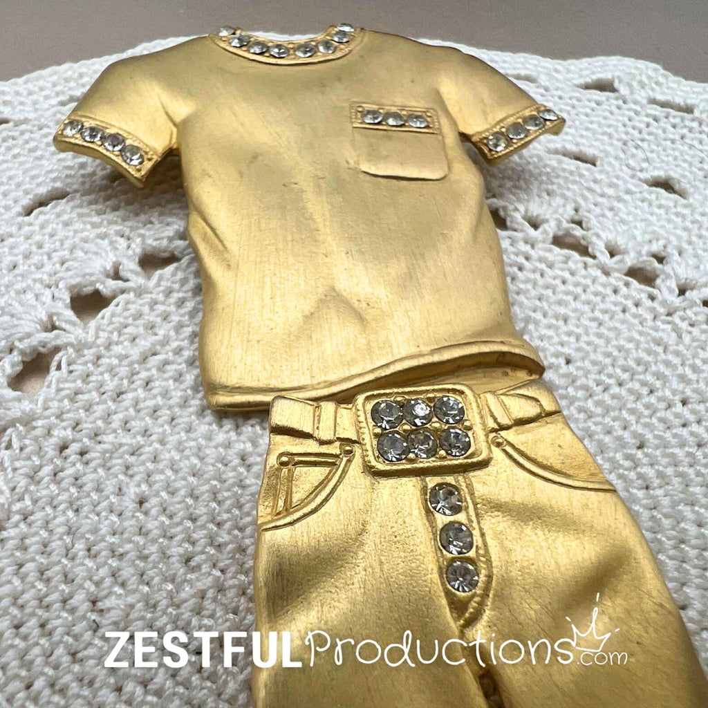 Vintage JJ Jonette Brooch Set Matte Gold Tshirt Jeans Rhinestones Figural Clothing Pins 1980s