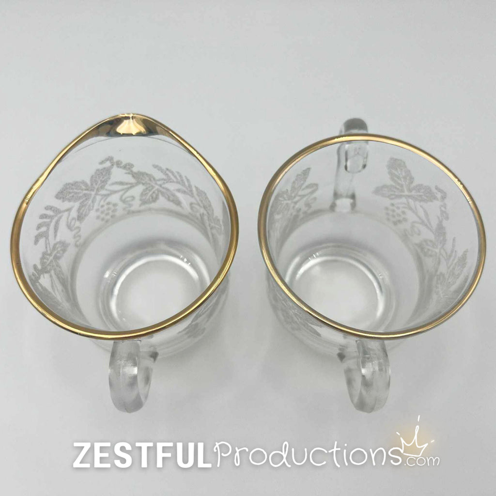 Vintage Bartlett Collins 806 Grape Leaf Cream & Sugar Set | Gold Rim Frosted Glass | Mid-Century Glassware