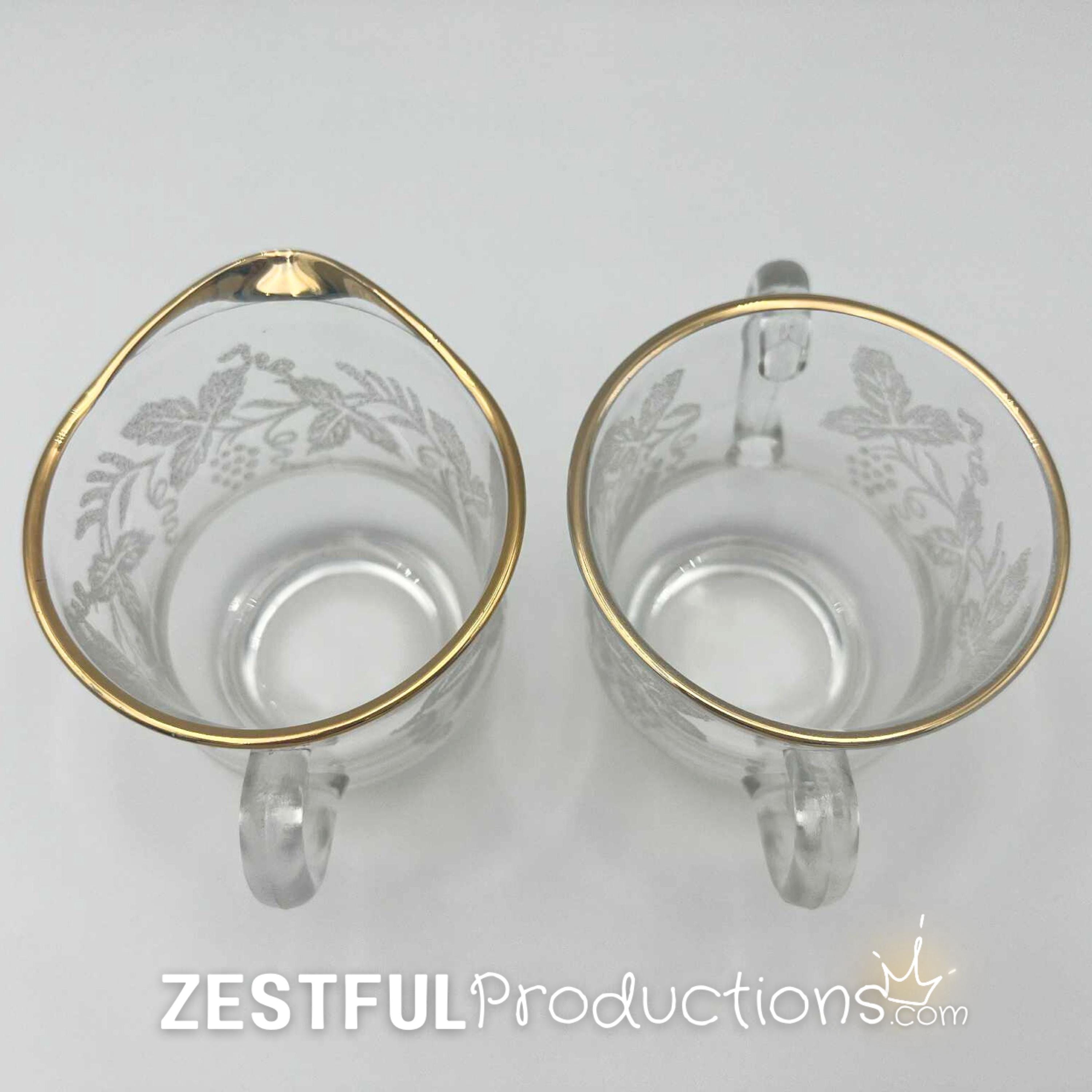 Vintage Bartlett Collins 806 Grape Leaf Cream & Sugar Set | Gold Rim Frosted Glass | Mid-Century Glassware