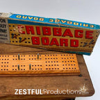 Vintage Milton Bradley Cribbage Board with Original Box & Instructions | 1950s Wooden Card Game Collectible