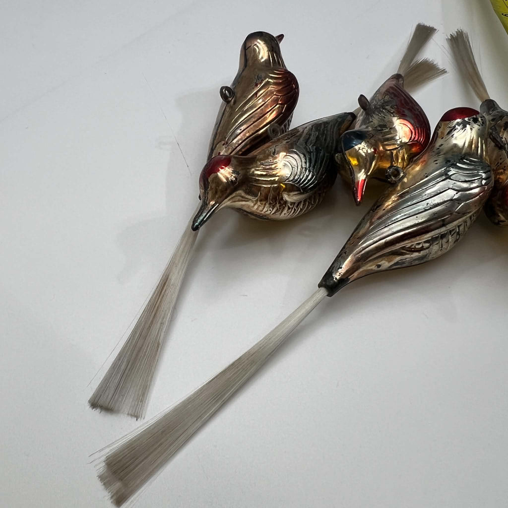 Antique German Blown Glass Bird Christmas Ornaments with Spun Glass Tails | 5 Piece Collector Lot