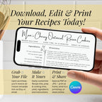 Editable recipe card template shown with instructions to download, personalize and print favorite recipes. The graphic notes that the Canva design can be edited from the included link and saved for home printing or a professional printing service.