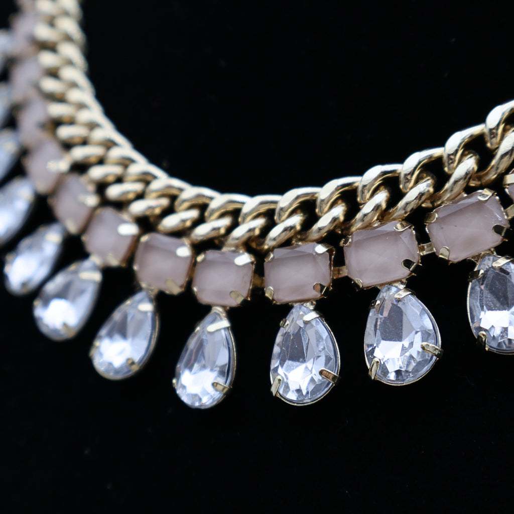 Vintage Gold Tone Rhinestone Drop Statement Necklace | Blush Crystal Bib Necklace | Wedding & Formal Jewelry