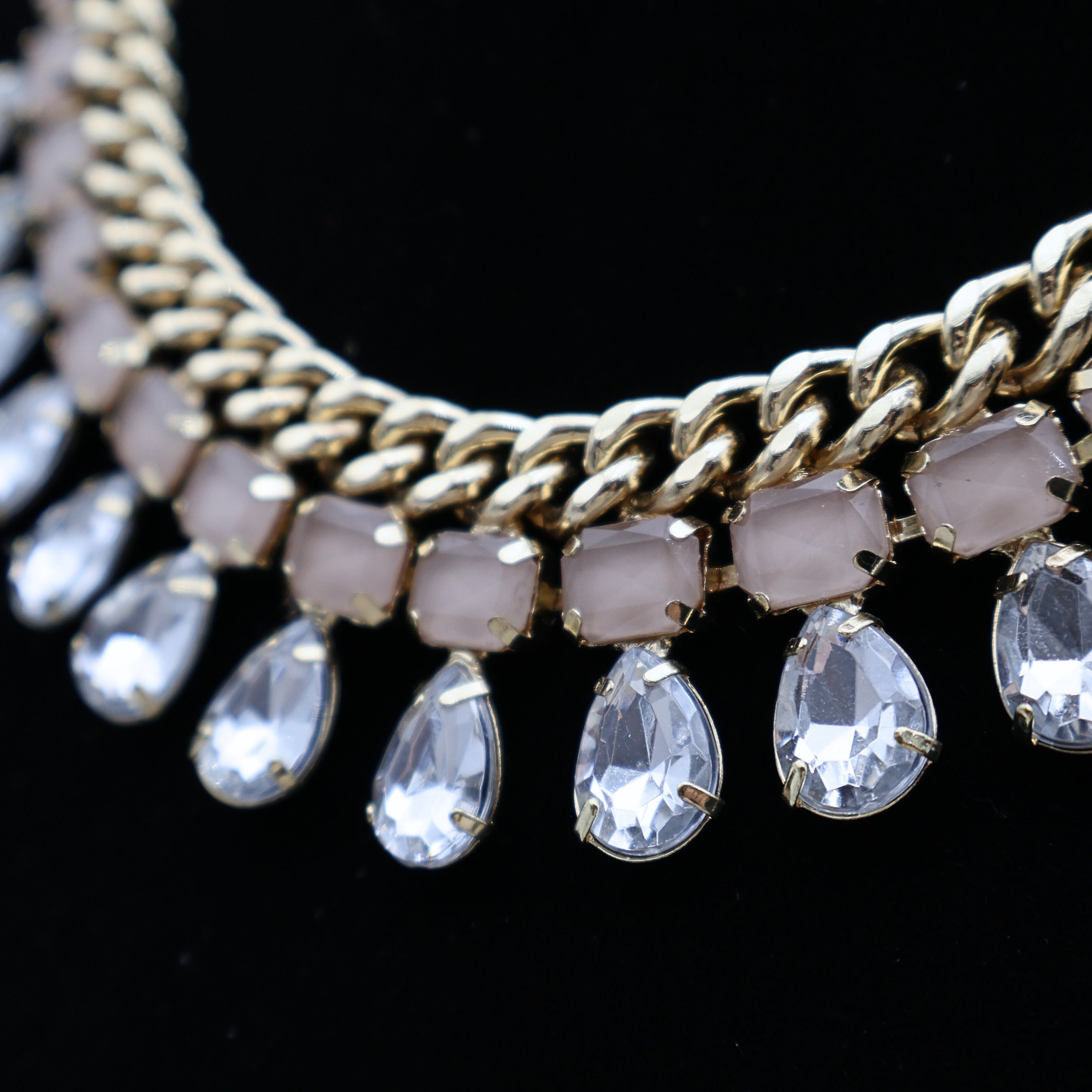 Vintage Gold Tone Rhinestone Drop Statement Necklace | Blush Crystal Bib Necklace | Wedding & Formal Jewelry
