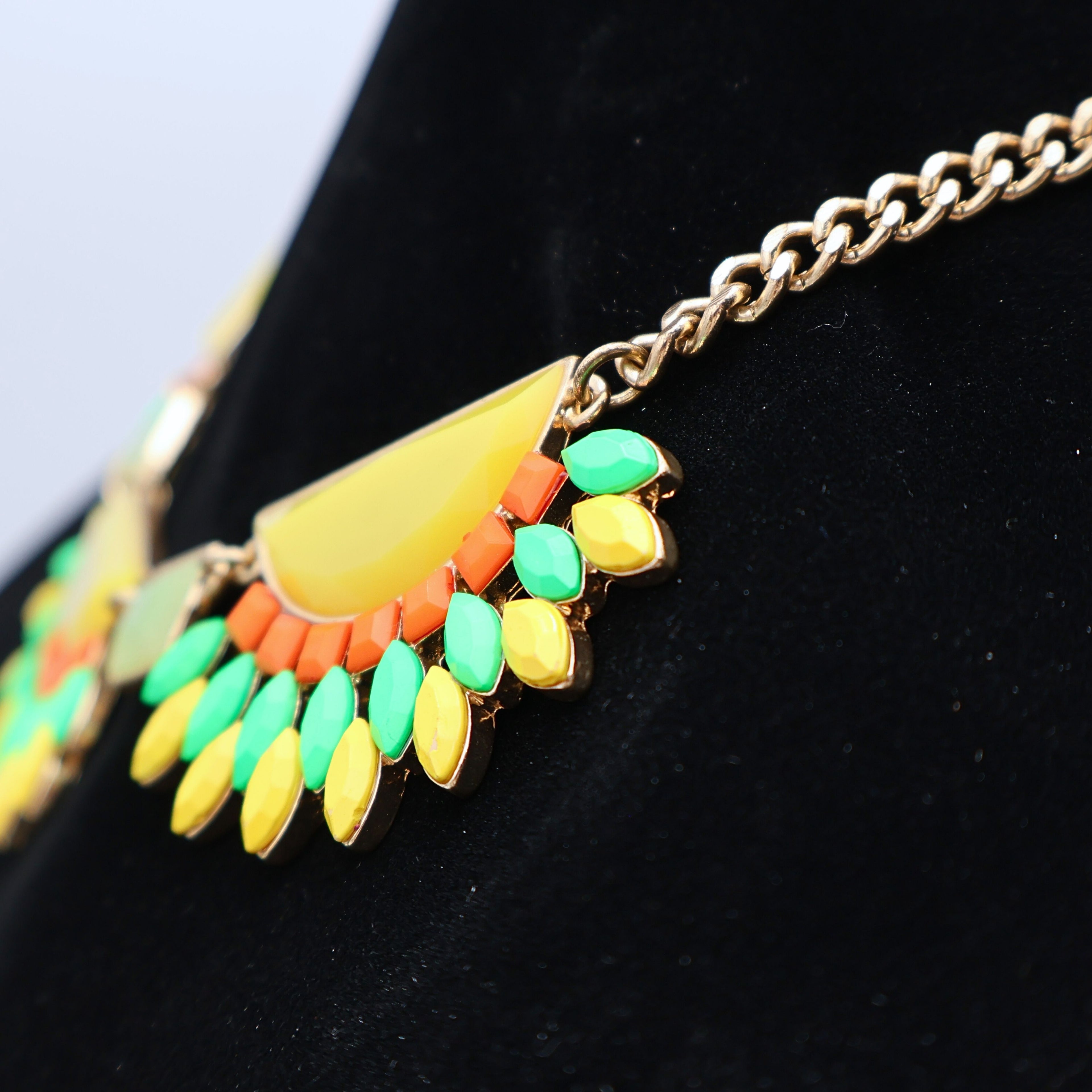 Vintage Mika Abstract Bib Statement Necklace | Colorful Resin Gold Tone Necklace | Modern Art Jewelry