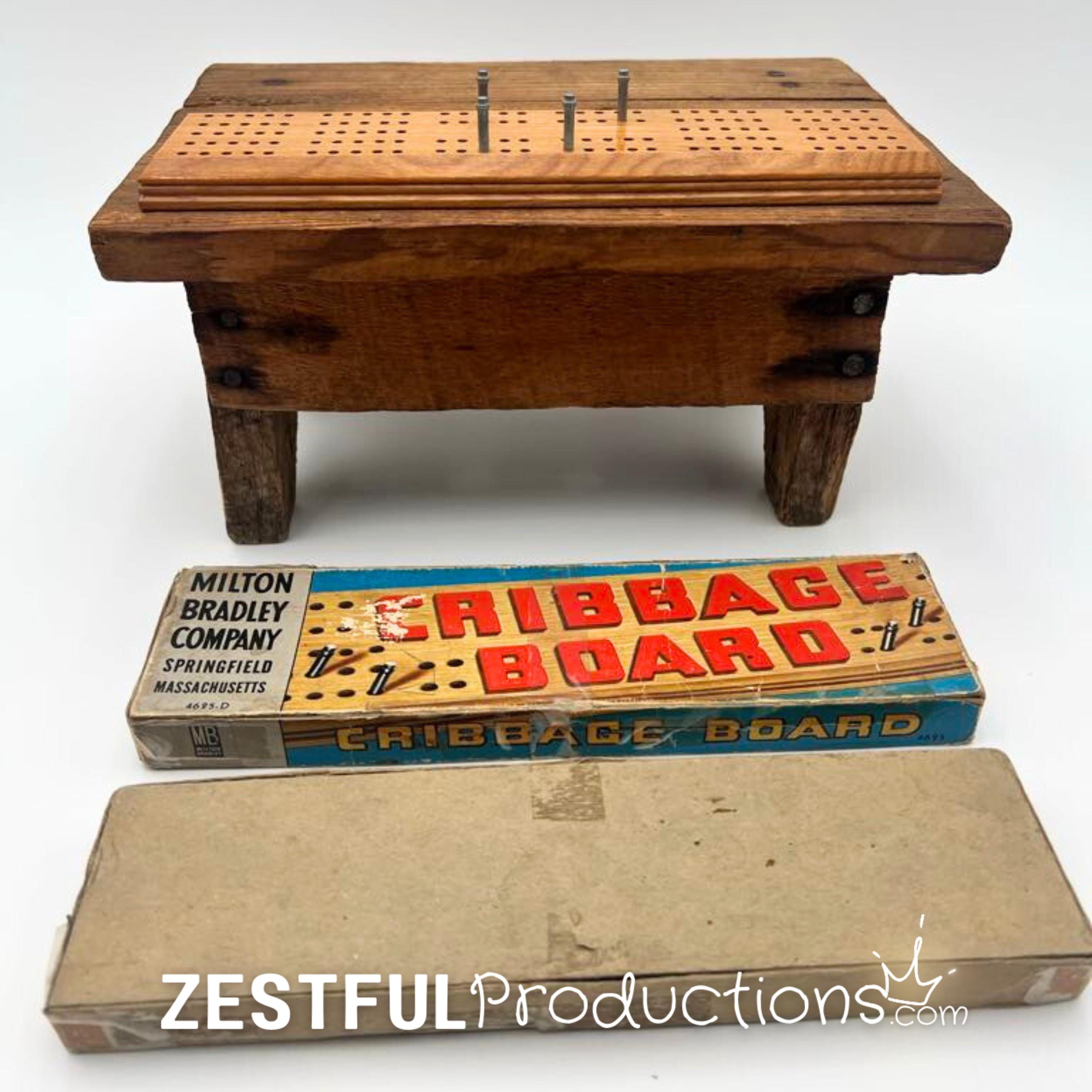 Vintage Milton Bradley Cribbage Board with Original Box & Instructions | 1950s Wooden Card Game Collectible