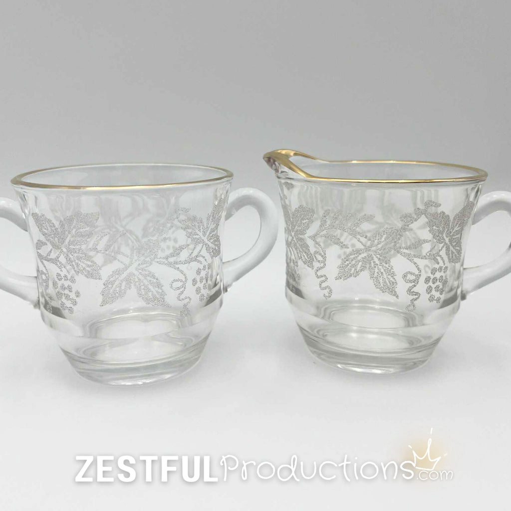 Vintage Bartlett Collins 806 Grape Leaf Cream & Sugar Set | Gold Rim Frosted Glass | Mid-Century Glassware