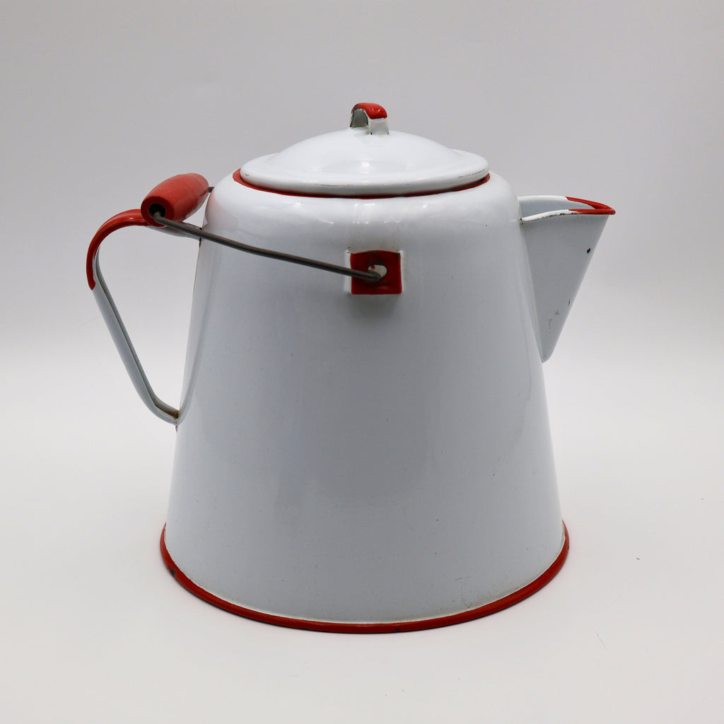 Vintage White Enamel Coffee Pot Kettle with Red Trim Mid-Century Farmhouse Americana Decor