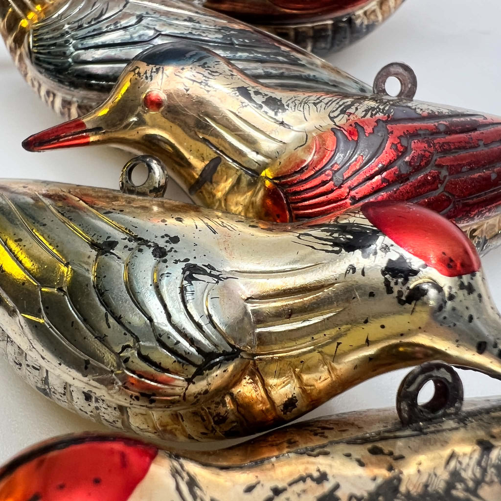 Antique German Blown Glass Bird Christmas Ornaments with Spun Glass Tails | 5 Piece Collector Lot