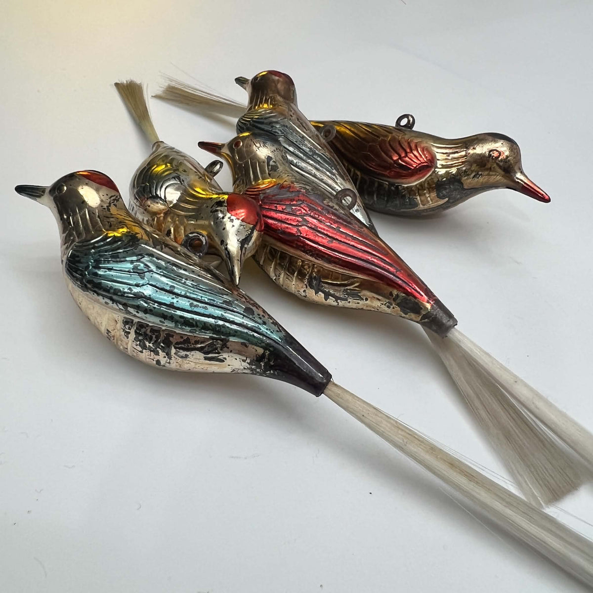 Antique German Blown Glass Bird Christmas Ornaments with Spun Glass Tails | 5 Piece Collector Lot