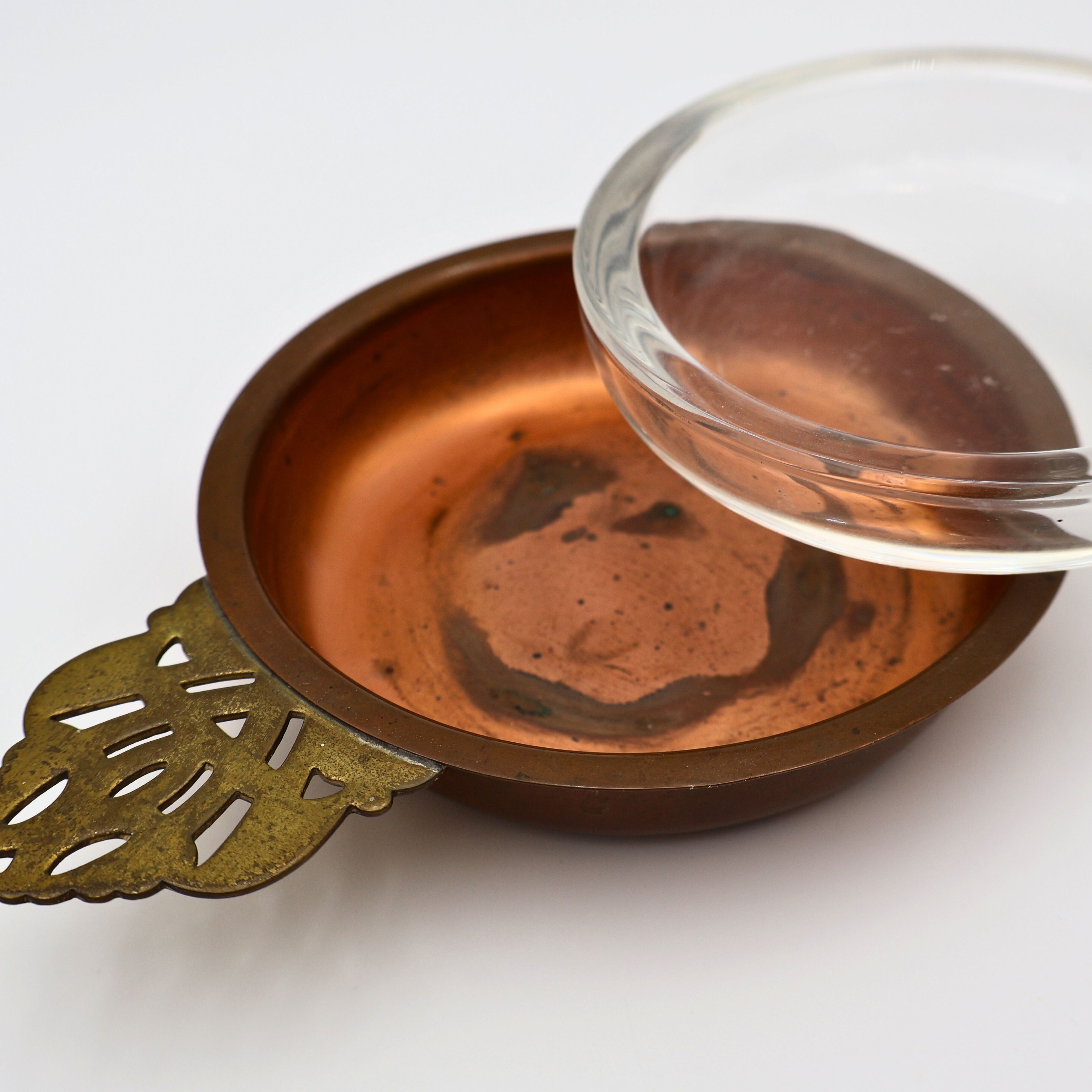 Vintage Copper Porringer Bowl with Glass Insert | Brass Handle | Colonial Revival Serving Dish | Mid-Century Decor