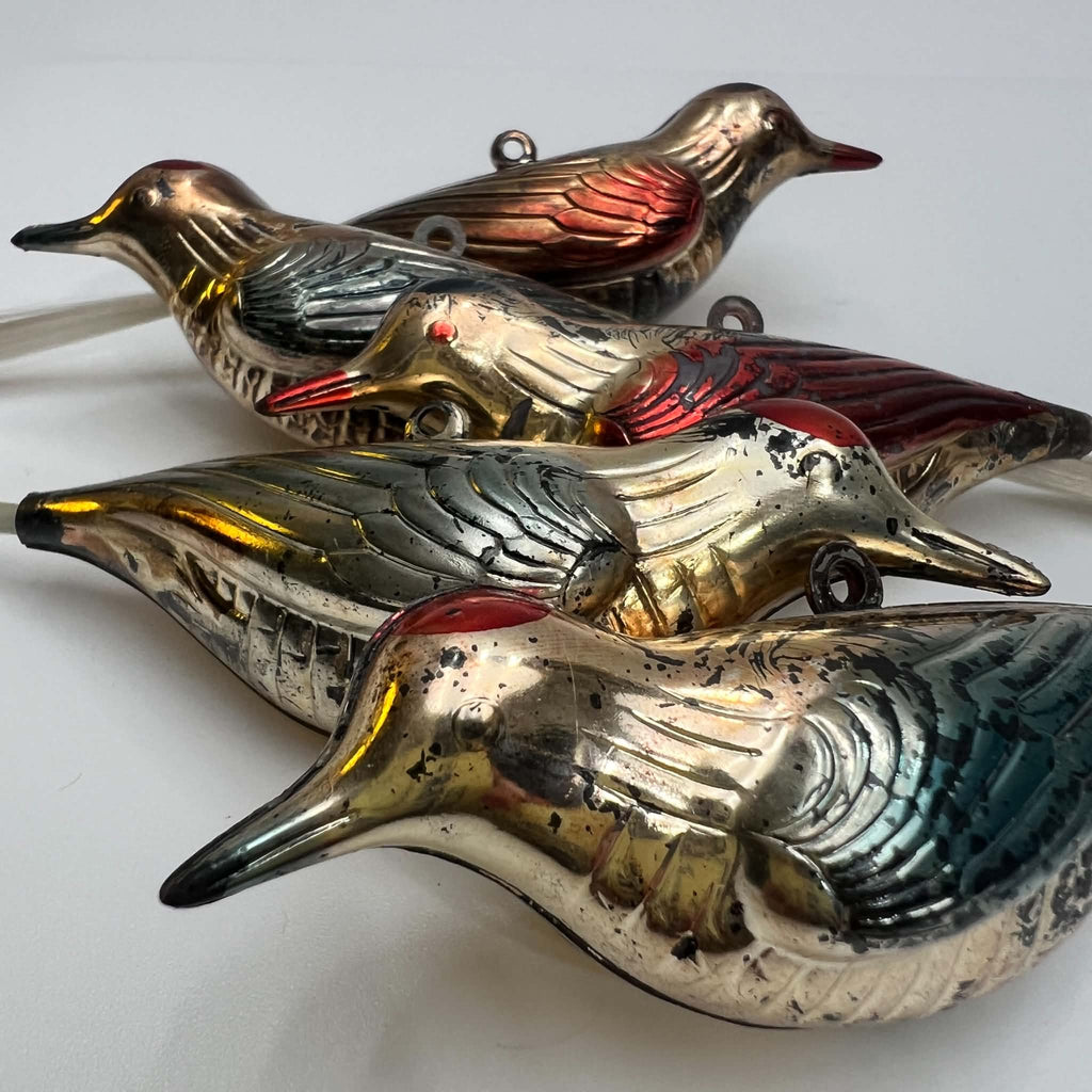 Antique German Blown Glass Bird Christmas Ornaments with Spun Glass Tails | 5 Piece Collector Lot
