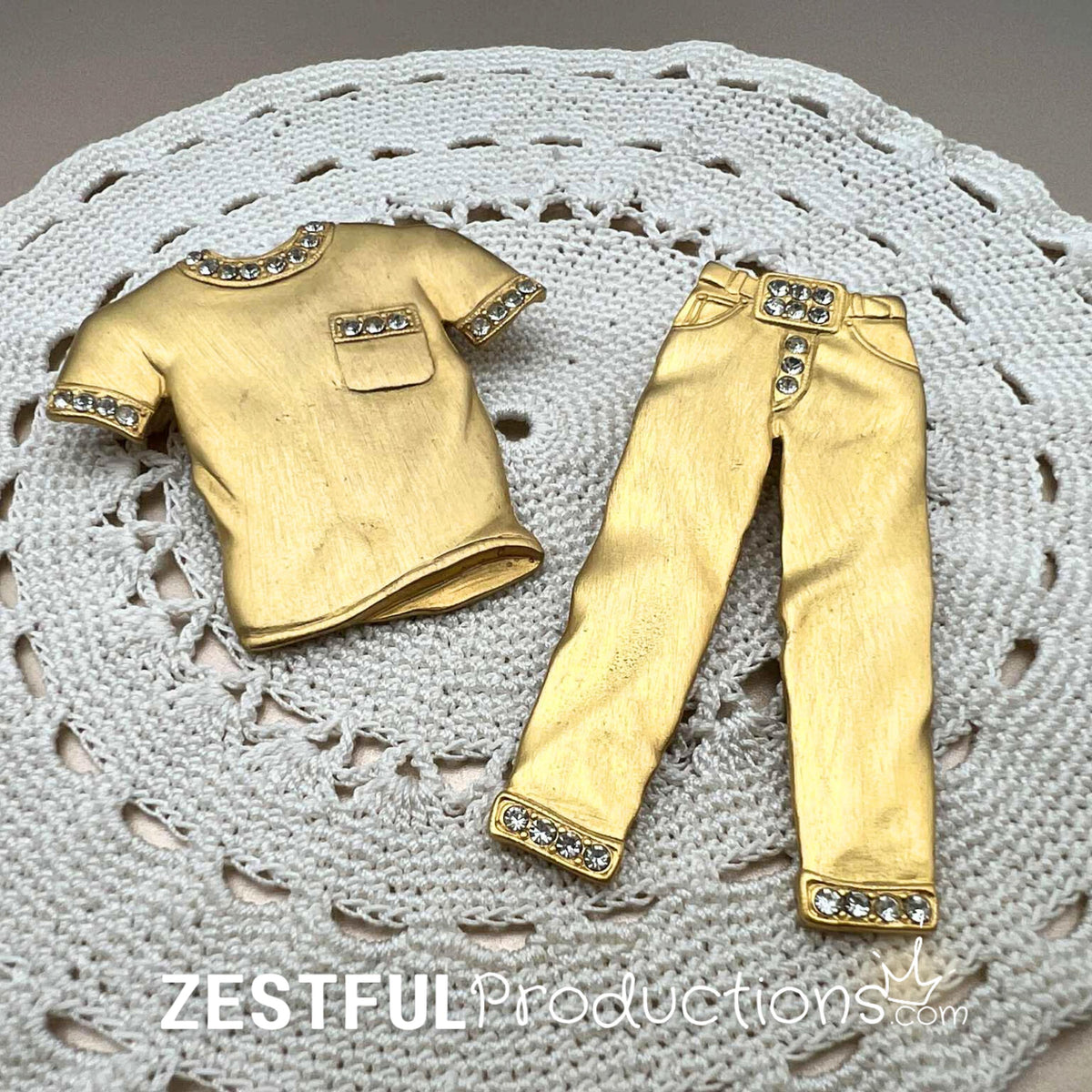 Vintage JJ Jonette Brooch Set Matte Gold Tshirt Jeans Rhinestones Figural Clothing Pins 1980s