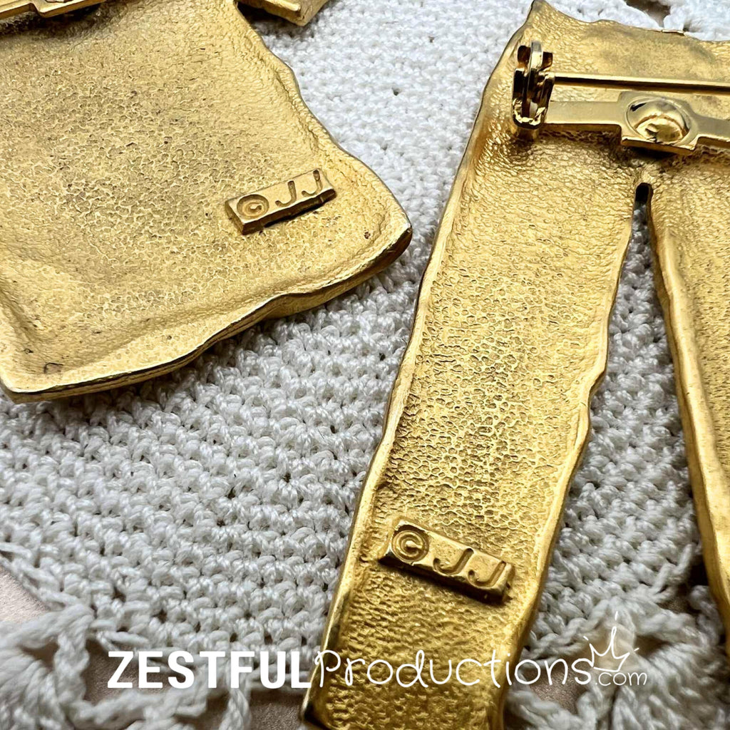 Vintage JJ Jonette Brooch Set Matte Gold Tshirt Jeans Rhinestones Figural Clothing Pins 1980s