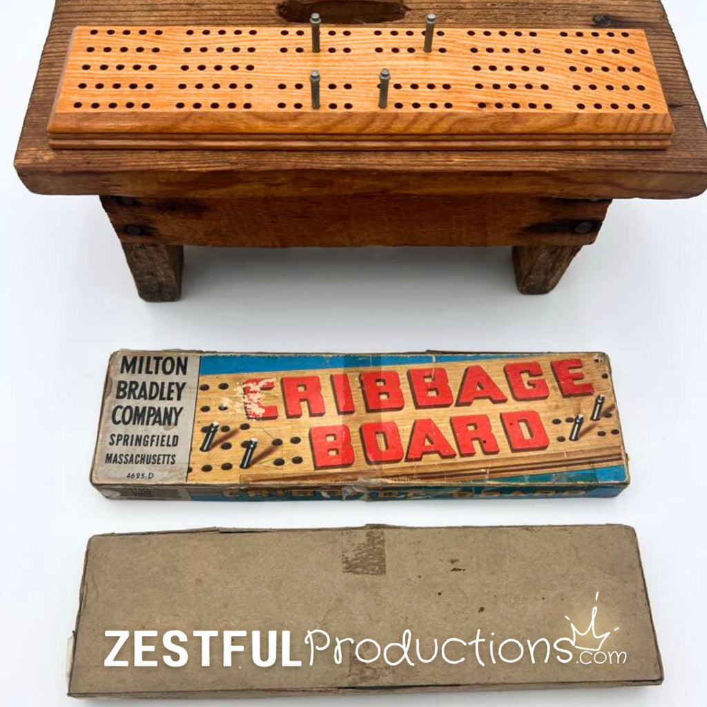 Vintage Milton Bradley Cribbage Board with Original Box & Instructions | 1950s Wooden Card Game Collectible