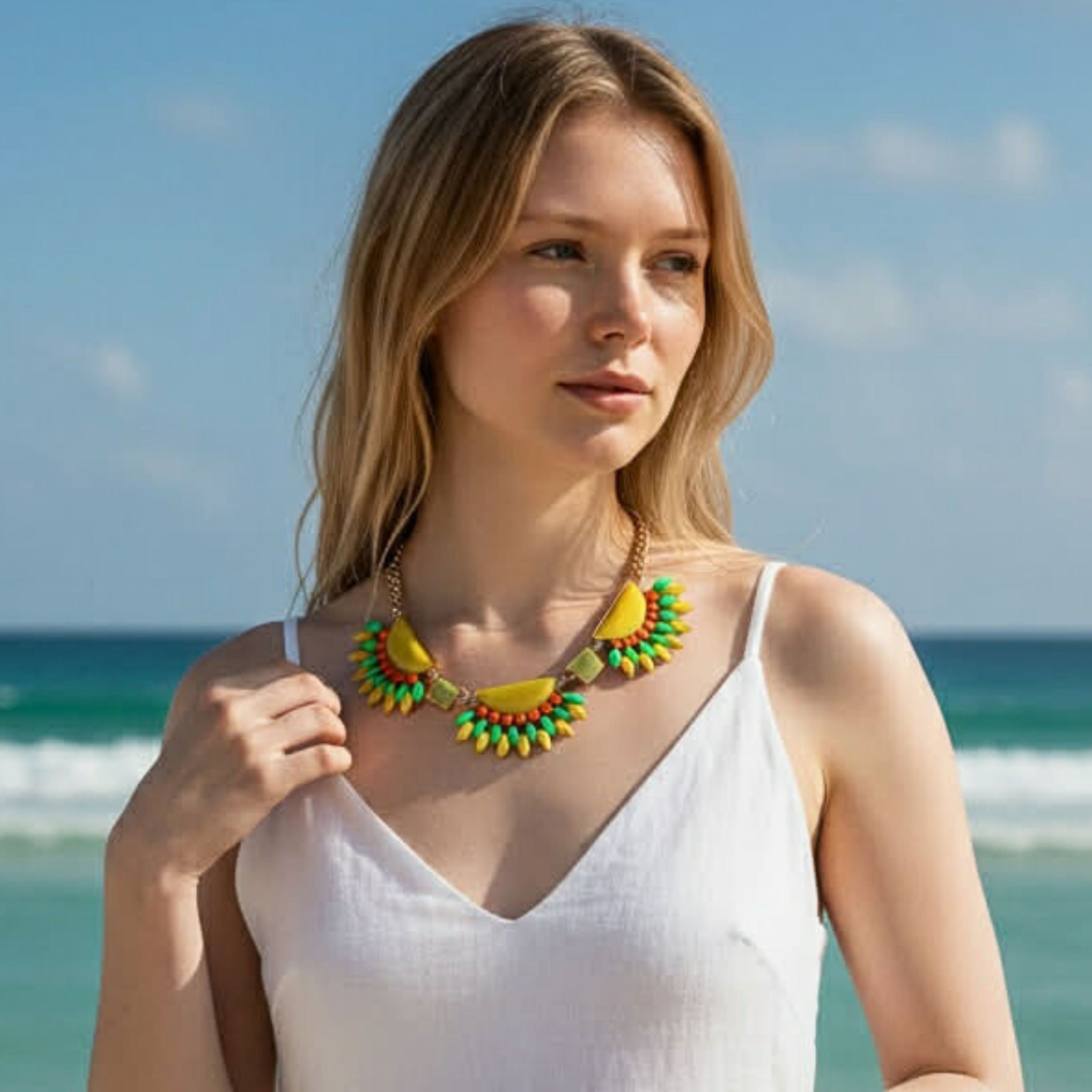 Vintage Mika Abstract Bib Statement Necklace | Colorful Resin Gold Tone Necklace | Modern Art Jewelry