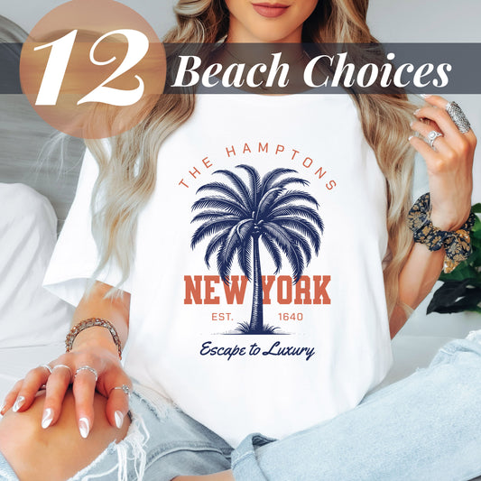Woman wearing palm tree beach vacation t-shirt 12 beach choices available