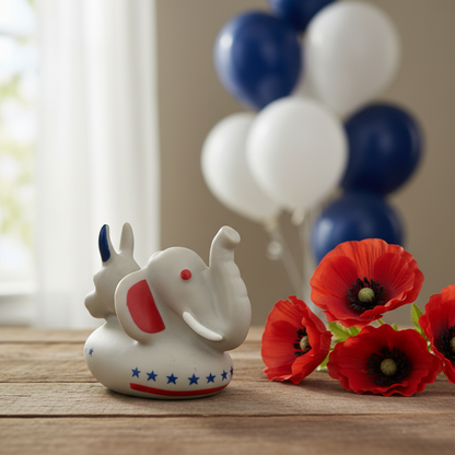 Mid century rubber squeak toy with bipartisan donkey elephant design representing Democrat and Republican parties, vintage ASI 37170 collectible. Styled with patriotic decor, this retro novelty toy is ideal for Americana displays, political gift ideas, vintage toy collections and quirky conversation starter pieces.
