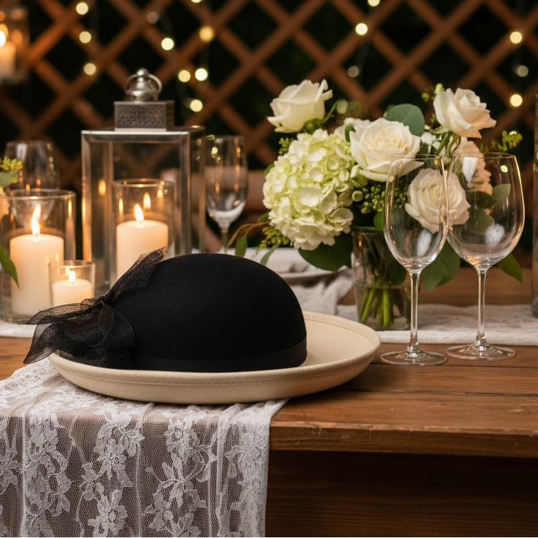 Decorative table setting with candles, flowers, and a black hat on a wooden table.