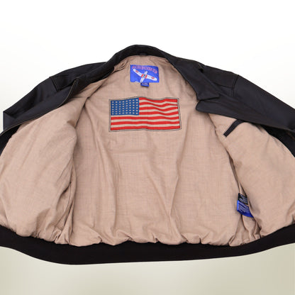 Vintage Airborne A2 flight jacket open showing American flag interior lining
