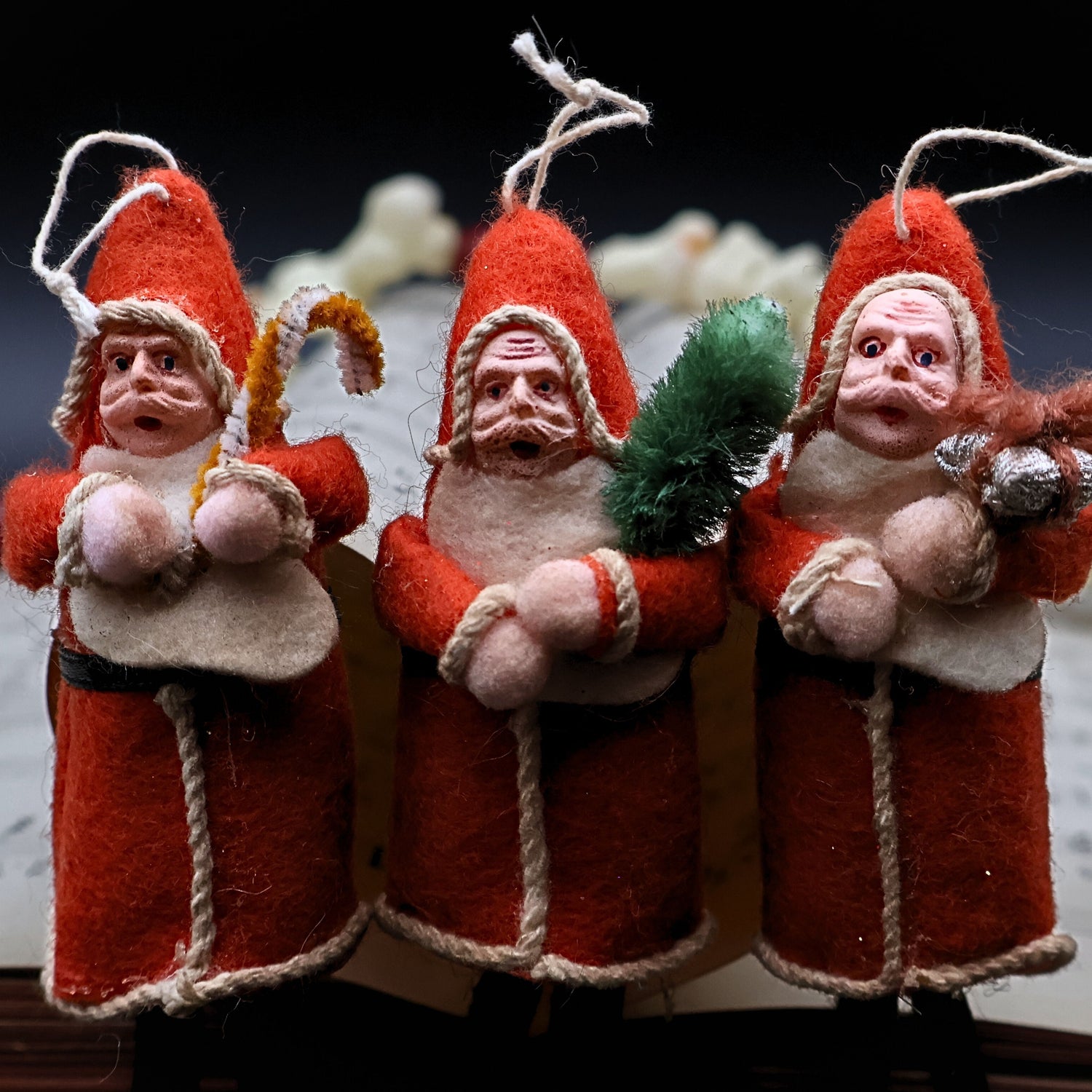 Antique German Belsnickle Santa ornaments set of 3 in spun cotton, vintage Christmas collectible with traditional folk art detail