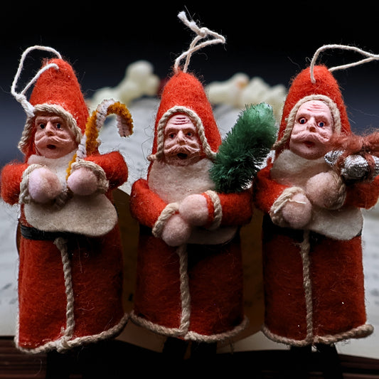 Antique German Belsnickle Santa ornaments set of 3 in spun cotton, vintage Christmas collectible with traditional folk art detail