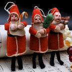 Antique spun cotton Santa ornaments in German Belsnickle style, rare vintage Christmas collectibles set
