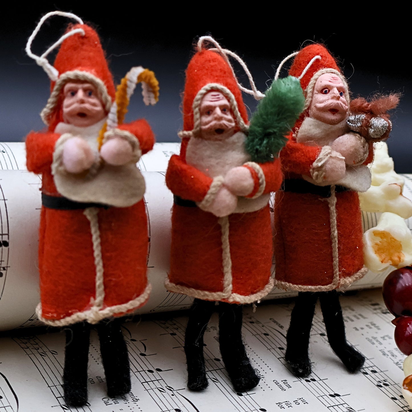 Antique spun cotton Santa ornaments in German Belsnickle style, rare vintage Christmas collectibles set