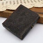 Side angle of the antique Civil War era ambrotype Union case highlighting its molded thermoplastic construction, aged finish, and original profile. The photograph illustrates authentic antique wear consistent with nineteenth-century collectible photography cases.