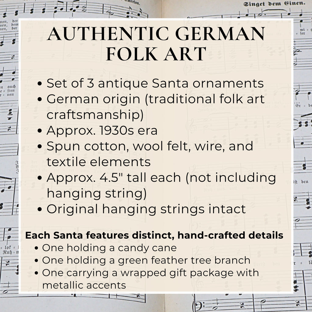 Authentic German folk art Santa ornaments set details highlighting vintage craftsmanship and collectible features