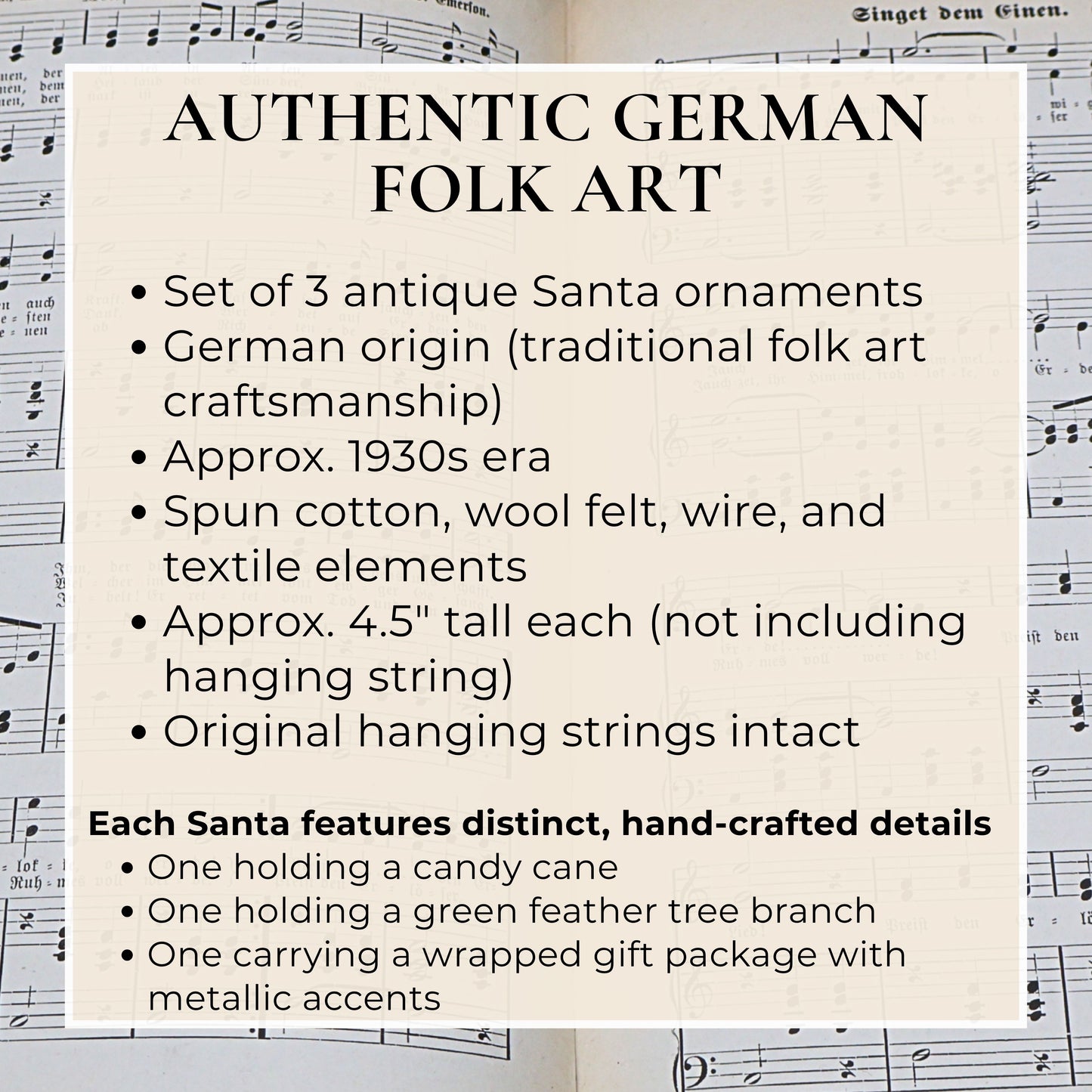 Authentic German folk art Santa ornaments set details highlighting vintage craftsmanship and collectible features